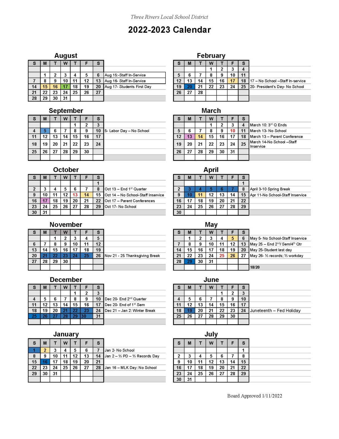 Three Rivers Local School District - calendars